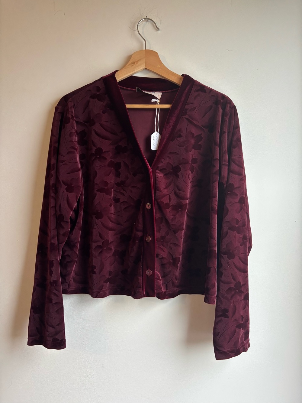 Velvet Floral Button-Front Cardigan Sweatshirt - Burgundy